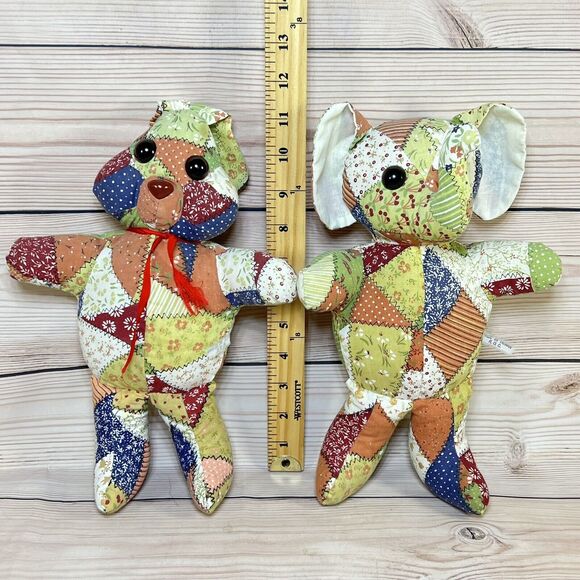 VTG 80s Faux Patchwork Quilt Bunny & Elephant 12” Stuffed Animal Plush Set of 2 - Picture 2 of 16